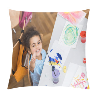 Personality  Overhead View Of Happy African American Kid Pointing With Finger Near Paper With Painting  Pillow Covers