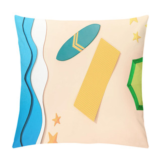 Personality  Top View Of Paper Beach With Yellow Towel, Green Umbrella And Surfboard Near Starfishes On Sand Near Ocean Pillow Covers