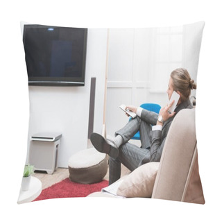 Personality  Businessman Talk On Smartphone While Watching Television At Home Pillow Covers