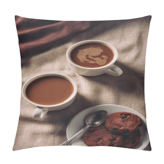 Personality  Top View Of Cups Of Coffee With Chocolate Chip Cookies On Beige Cloth Pillow Covers