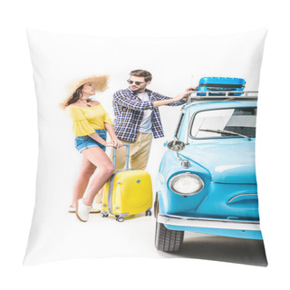 Personality  Couple Putting Luggage On Car Roof Pillow Covers