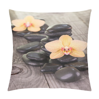 Personality  Yellow Moth Orchids And Black Stones On Weathered Deck Pillow Covers