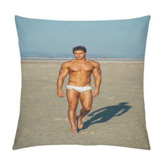 Personality  Handsome Man In Desert. Muscled Male Model In Swimwear At Salt Lake Background. Naked Hunk At Cracked Earth Pillow Covers