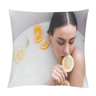 Personality  Pretty Woman Biting Slice Of Fresh Lemon While Relaxing In Milk Bath Pillow Covers