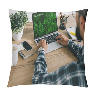 Personality  Cropped Shot Of Man In Plaid Shirt Using Laptop With Online Trade Graph On Screen Pillow Covers