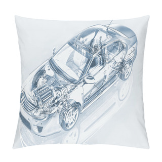 Personality  Generic Sedan Car Detailed Cutaway Representation, With Ghost Effect. Pillow Covers