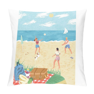 Personality  Volleyball Beach Vector. Friends Play Ball Cartoon. Youth And Game During Summer Vacation. People Leisure Activity, Outdoor Picnic And Sport Illustration. Sand Sea Coast Landscape Pillow Covers