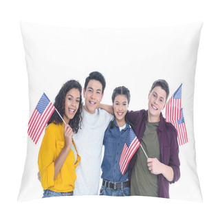 Personality  Smiling Teen Students With Usa Flags  Isolated On White Pillow Covers
