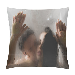 Personality  Selective Focus Of Passionate Naked Man Kissing Attractive Woman In Shower Cabin  Pillow Covers