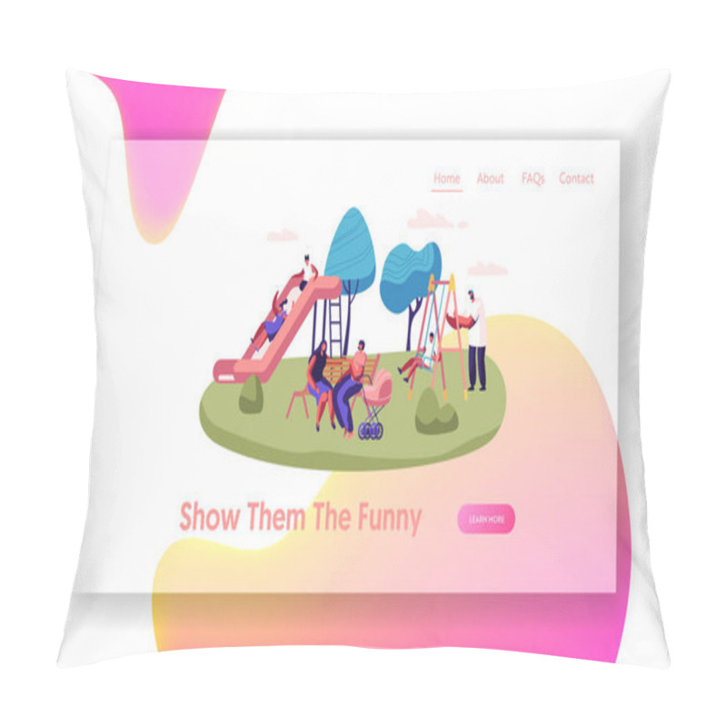 Personality  Happy Parents and Children Spend Time on Playground Outdoors Website Landing Page, Childhood, Parenting, Summer Vacation Activity, Happy Family Web Page. Cartoon Flat Vector Illustration, Banner pillow covers