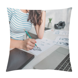 Personality  Cropped View Of Illustrator Drawing Storyboard In Studio  Pillow Covers