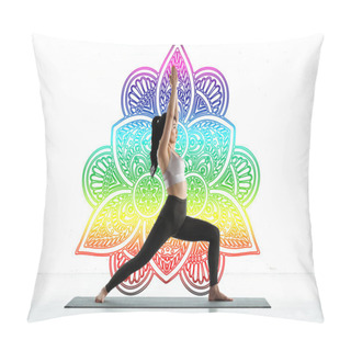 Personality  Asian Woman Practicing Yoga On Yoga Mat Near Colorful Mandala Ornament On White  Pillow Covers