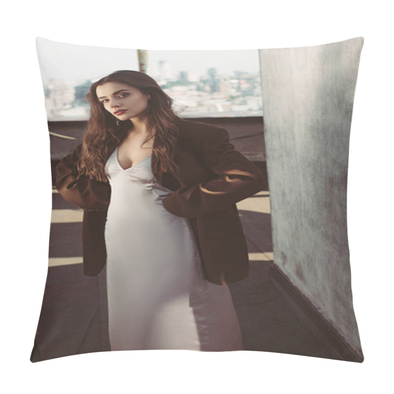 Personality  Fashionable Woman Posing In Silk Dress And Brown Jacket On Roof Pillow Covers
