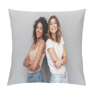 Personality  Portrait Of Two Cheerful Young Women Standing Together And Looking At Camera Isolated Over Gray Background Pillow Covers