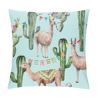 Personality  Watercolor Seamless Pattern With Llama, Cacti And Flag Garland. Hand Painted Beautiful Illustration With Animals And Floral On Pastel Blue Background. For Design, Print, Fabric Or Background. Pillow Covers