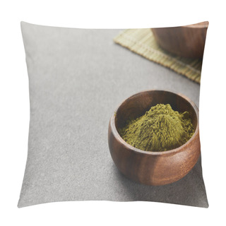 Personality  Selective Focus Of Green Matcha Powder In Wooden Bowl On Grey Table With Copy Space Pillow Covers