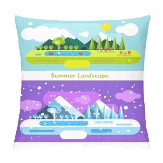 Personality  Abstract Outdoor Summer And Winter Landscape. Trees Nature Signs, Mountains, River Or Lake, Sun Clouds, Flowers, Cave, Snow Ice, Cold. Design Elements. Pillow Covers