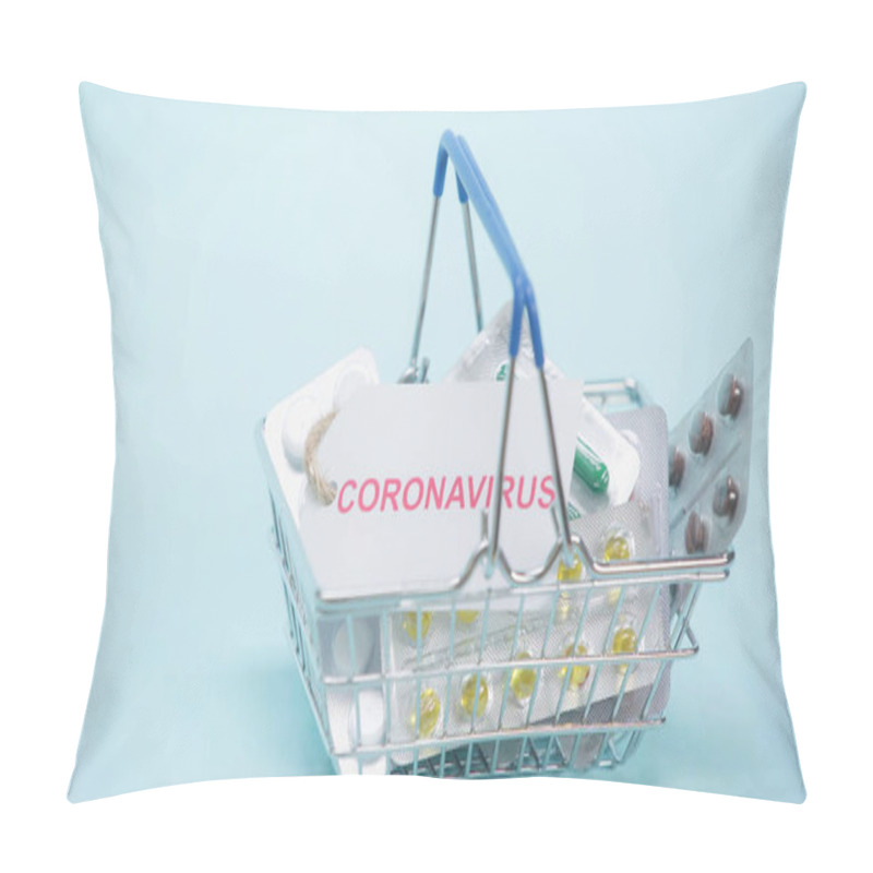 Personality  Shopping Basket With Coronavirus Lettering On Card And Pills On Blue  Pillow Covers