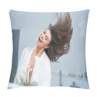 Personality  Young Nice Brunette Woman In The Bathroom Haircare Pillow Covers