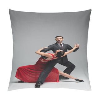 Personality  Dancer In Suit Performing Tango With Elegant Partner On Grey Background Pillow Covers