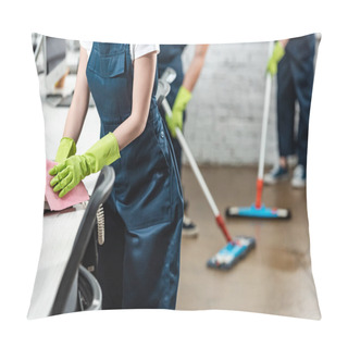Personality  Cropped View Of Cleaner Wiping Phone While Colleagues Washing Floor With Mops Pillow Covers