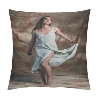 Personality  Full Length Of Smiling Queer Person Throwing Dress On Abstract Brown Background  Pillow Covers