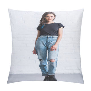 Personality  Attractive Young Woman In Empty Black T-shirt In Front Of Brick Wall  Pillow Covers