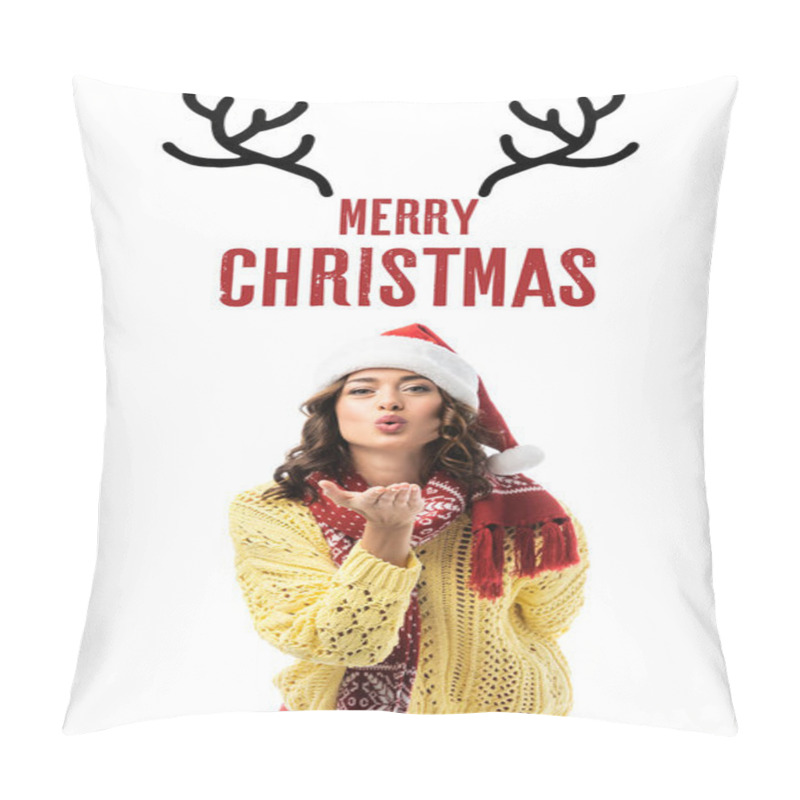 Personality  young woman in santa hat and scarf sending air kiss near merry christmas lettering and deer horns illustration on white  pillow covers