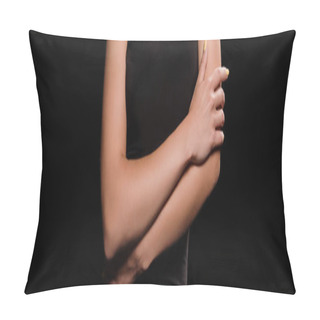 Personality  Panoramic Shot Of Young Woman With Crossed Arms Isolated On Black  Pillow Covers