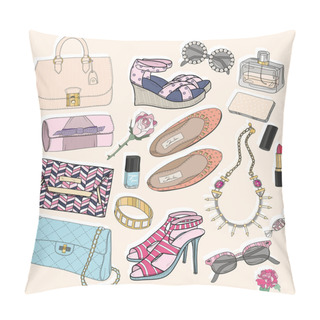 Personality  Fashion Accessories Set. Background With Bags, Sunglasses, Shoes Pillow Covers