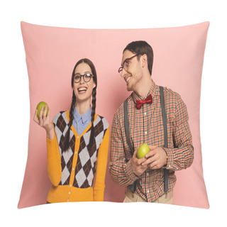 Personality  Couple Of Happy Nerds In Eyeglasses Holding Apples On Pink Pillow Covers