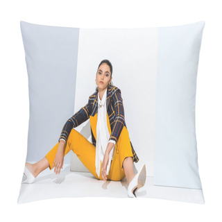 Personality  Stylish Girl Looking At Camera While Posing On Grey And White  Pillow Covers