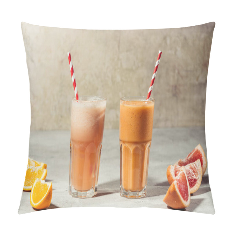 Personality  Fresh Juice In Glasses With Orange And Grapefruit Pieces On Table Pillow Covers