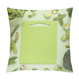 Personality  Fresh Green Vegetables, Herbs, Lettuce And Quail Eggs With Bright  Cutting Board In The Middle.  Pillow Covers