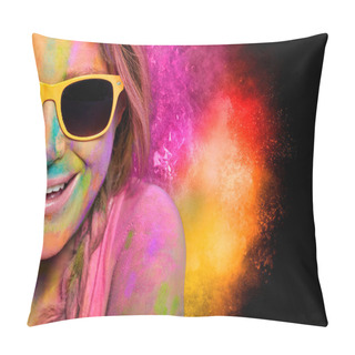 Personality  Happy Laughing Young Woman Enjoying Celebrating Holi Pillow Covers