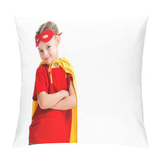 Personality  Smiling Little Supergirl Wearing Yellow Cape With Red Mask For Eyes On Forehead Isolated On White Pillow Covers