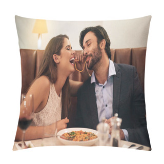 Personality  Date, Laughing And Playful Couple Eating Spaghetti On A Romantic Dinner At A Restaurant And Enjoying A Meal. Lovers, Man And Woman Playful With Pasta, Food Or A Meal On Valentines Day And In Love. Pillow Covers
