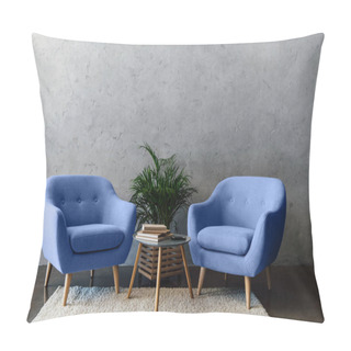 Personality  Interior Of Modern Room With Blue Armchairs, Table With Books And Plant  Pillow Covers
