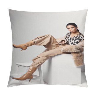 Personality  Fashionable Brunette In Autumn Clothes Brown Boots Model Pillow Covers