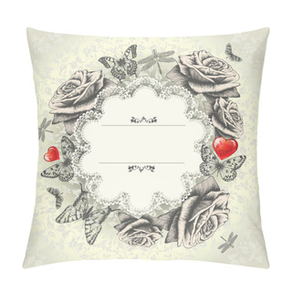 Personality  Glamorous Lace Frame With Blooming Roses, Flying Butterflies, Red Heart. Ha Pillow Covers