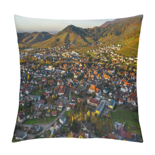 Personality  Colorful Landscape Aerial View Of Little Village Kappelrodeck In Black Forest Mountains. Beautiful Medieval Castle Burg Rodeck. Germany. Pillow Covers