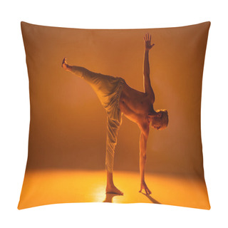Personality  Full Length Of Shirtless Man In Pants Doing Half Moon Yoga Pose On Brown  Pillow Covers