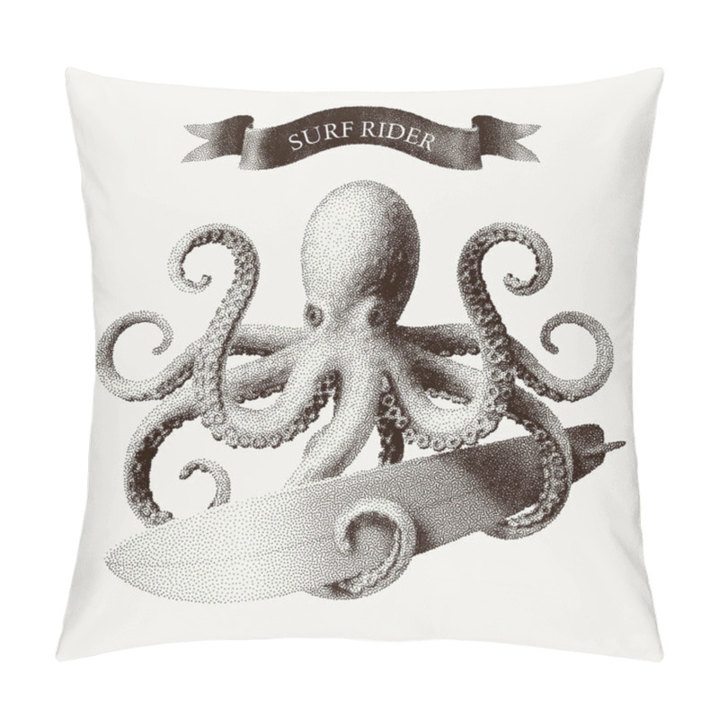 Personality  Vector octopus tentacles holding a surfboard in the style of vintage etchings. Eps8. RGB Global colors pillow covers