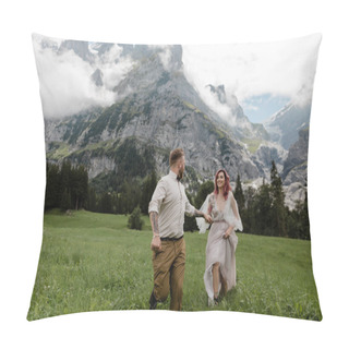 Personality  Happy Bride In Wedding Dress And Groom Holding Hands And Walking On Alpine Meadow With Clouds Pillow Covers