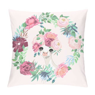 Personality  Beautiful Llama With Floral Crown In Flowers Circle Frame.  Pillow Covers