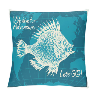 Personality  Vector Travel Banner With Big Fish And World Map Pillow Covers