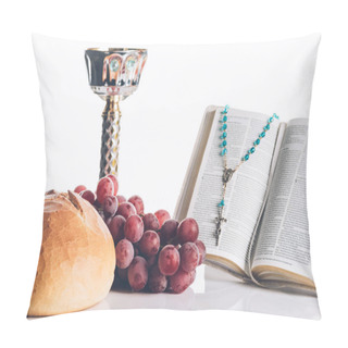 Personality  Open Holy Bible, Food, Chalice And Christian Cross On White For Holy Communion  Pillow Covers