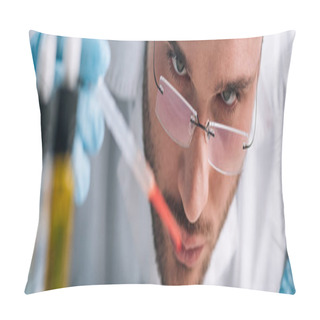 Personality  Panoramic Shot Of Immunologist Holding Pipette With Red Liquid  Pillow Covers