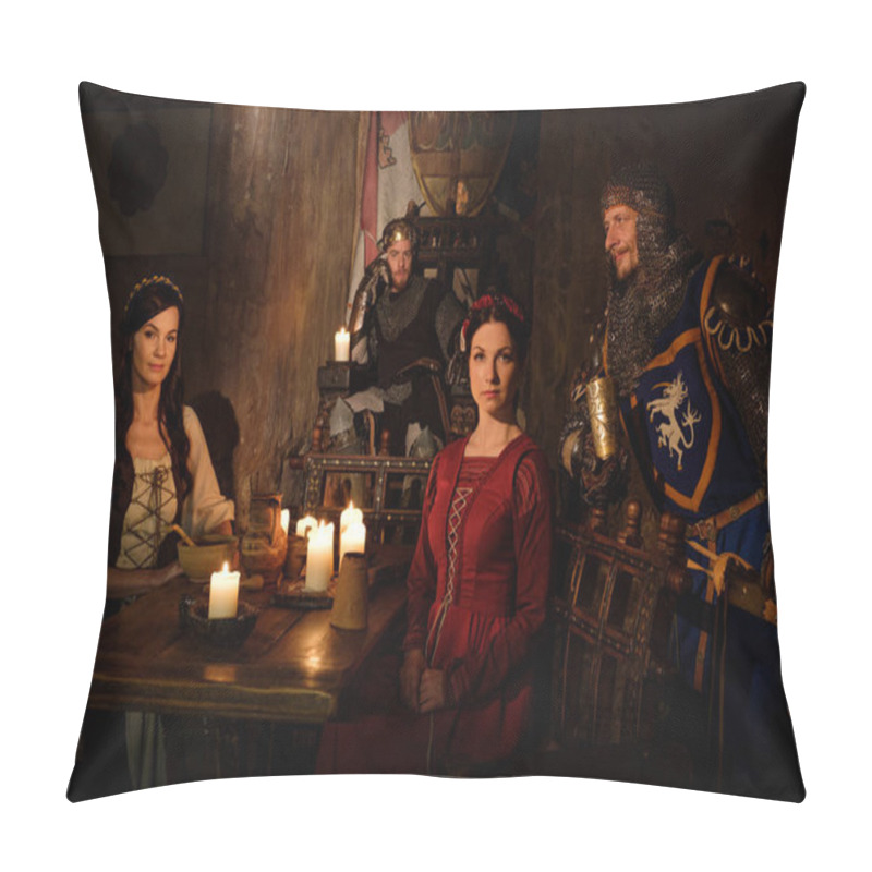 Personality  Medieval king and his subjects communicate in the castle pillow covers