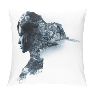 Personality  Double Exposure Portrait Of A Woman And View Of Manarola Pillow Covers